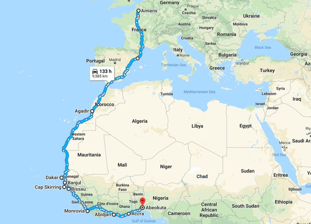 Itinéraire de la première partie du voyage (de la France au&nbsp;Nigeria).